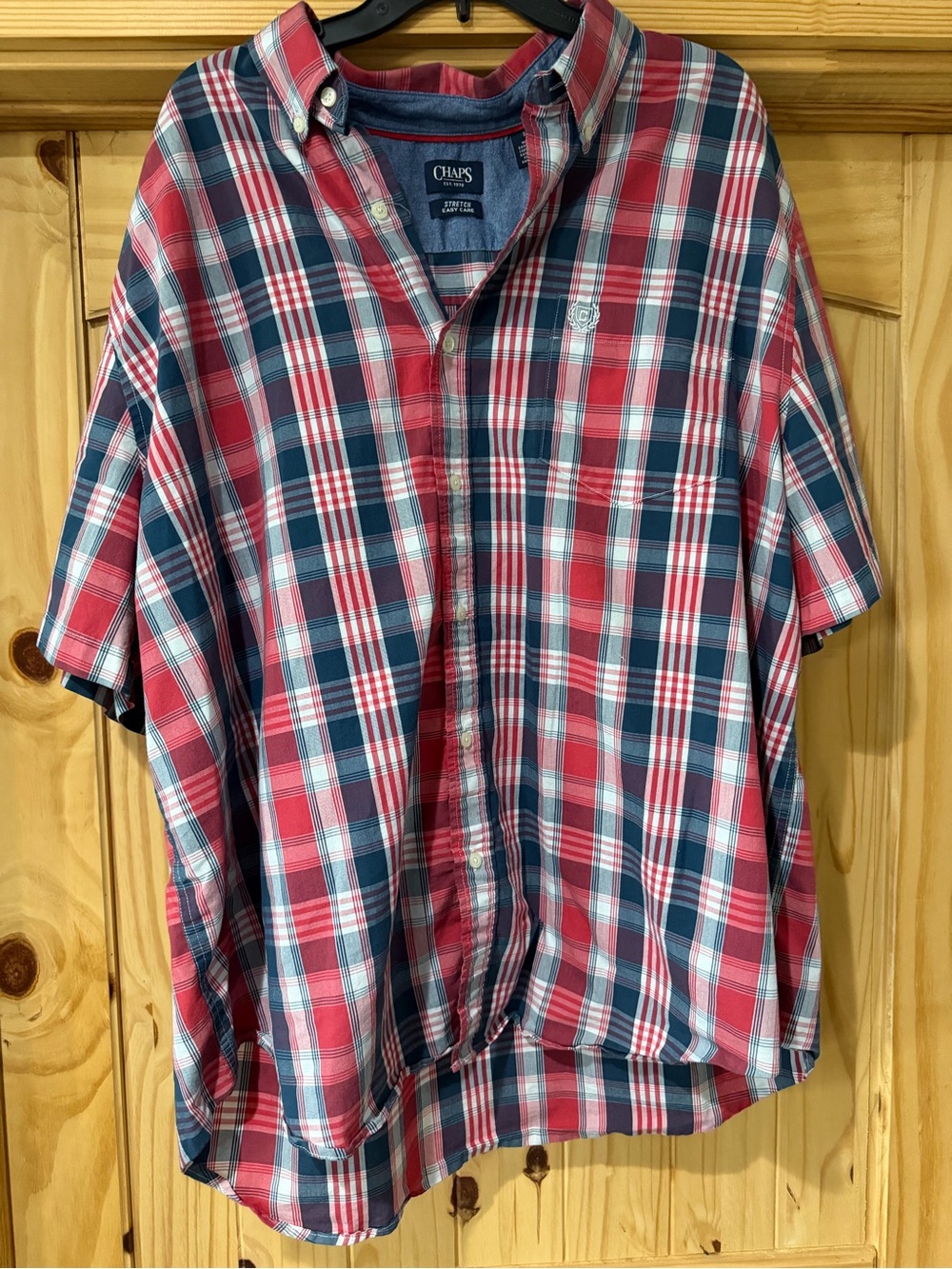 3XL Big and Tall Chaps Red, Blue and White Plaid Short-Sleeve Button-Down Shirt